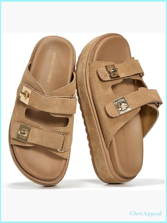 Shoes - Memory Foam Slide Sandals with Adjustable Buckle - Non Slip
